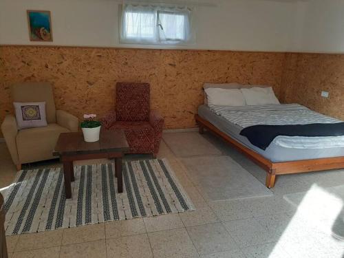 ein Schlafzimmer mit einem Bett, einem Stuhl und einem Tisch in der Unterkunft בית הסוס in Nes Ẕiyyona