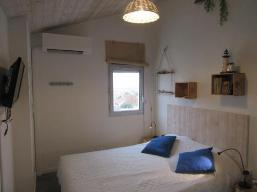 ein Schlafzimmer mit einem Bett mit blauen Kissen darauf in der Unterkunft Appartement Grand Calypso in Frontignan