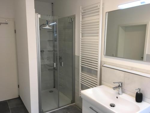 a bathroom with a glass shower and a sink at Ferienwohnung Kajüte in Wees