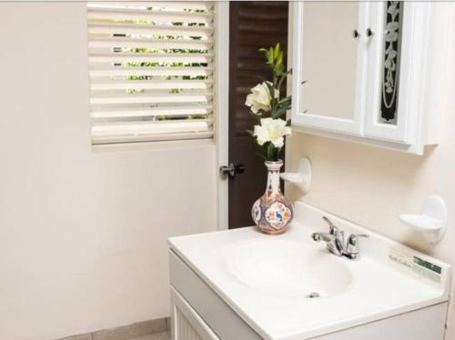 uma casa de banho com um lavatório e um vaso de flores em Ocho Rios 2 Bedroom Apartment/Flat em Ocho Rios