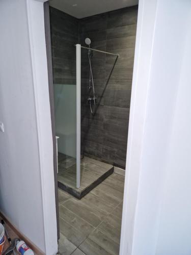 uma casa de banho com um chuveiro e uma parede de madeira em Studio cosy em Méru