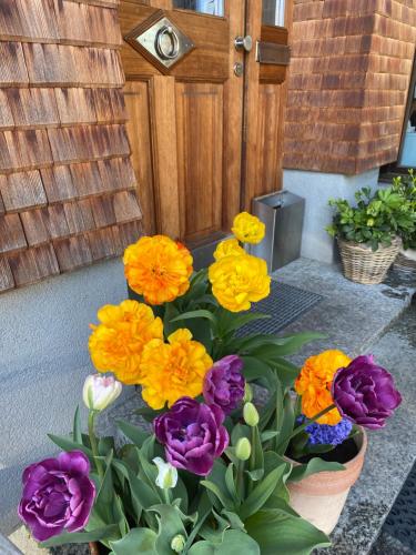 a bouquet of colorful flowers in front of a door at mama käthe - Apartments in Nenzing