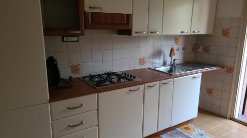 eine Küche mit weißen Schränken, einem Herd und einer Spüle in der Unterkunft Room Pappagnocca in Reggio nell'Emilia