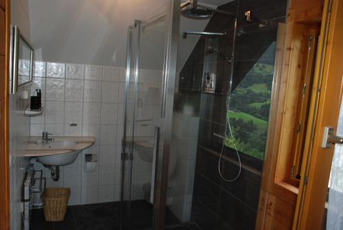 a bathroom with a shower and a sink at Wastlbauer - Luxus Chalet mit Wohlfühlfaktor in Vorderwald