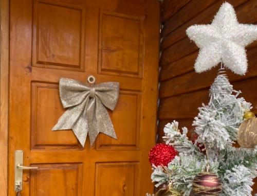 a door with two christmas trees and a bow at Eco kutak in Mojkovac