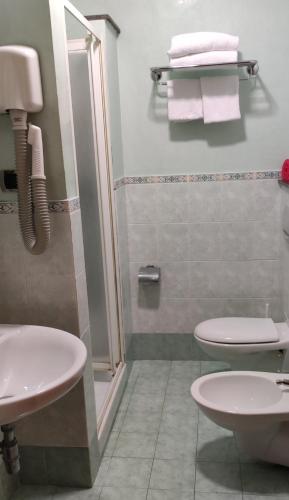 y baño con lavabo, aseo y ducha. en Hotel Montreal Uno en Roma