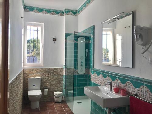 a bathroom with a sink and a toilet and a mirror at La Almedina casa Bellavista in Cazorla