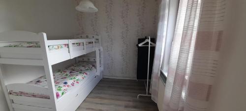 1 Schlafzimmer mit 2 Etagenbetten und einem Fenster in der Unterkunft Bergschatz in Langelsheim