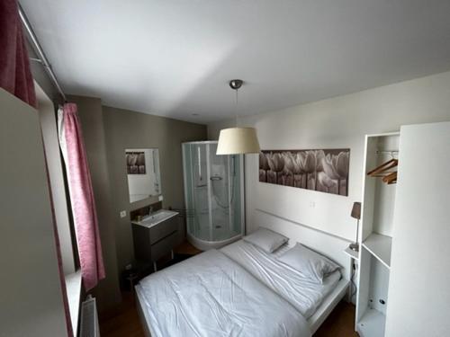 a bedroom with a bed and a shower and a sink at ebbe&vloed in Koksijde