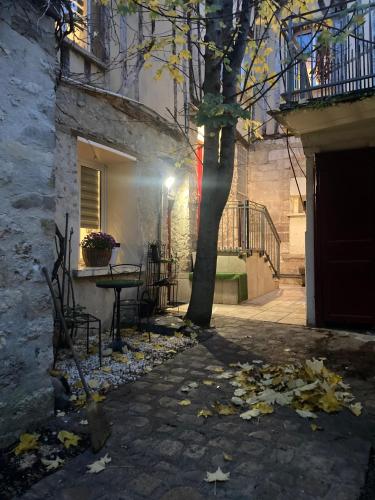 um pátio com uma mesa e uma árvore à noite em Provins cité médiévale em Provins