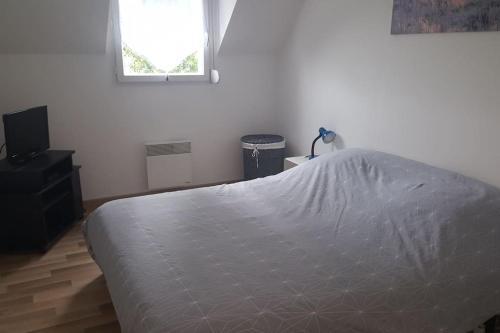 une chambre avec un lit, une fenêtre et une télévision dans l'établissement Logement plein centre de Plérin à proximité des plages et des commerces, à Plérin