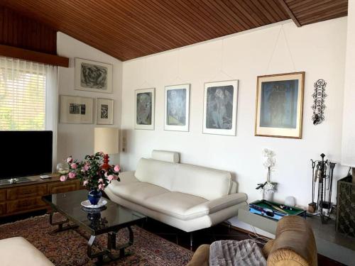 a living room with a white couch and a tv at Il Bell'Ovile, bellissima villa nel verde, con privacy garantita in Novaggio