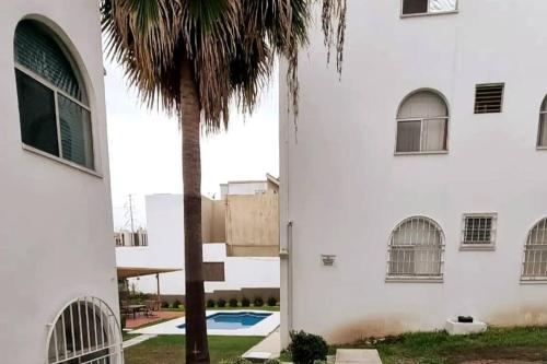 una palma davanti a un edificio bianco di Hermoso Dpto a pasos del Fashion Drive c/alberca a Monterrey