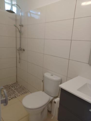 a white bathroom with a toilet and a sink at Les Gîtes de Fond Bellemare in Case-Pilote