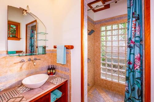 y baño con lavabo y ducha. en El Nido Jungle Lodge, en Puerto Viejo