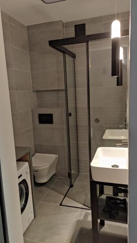 a bathroom with a toilet and a sink and a washing machine at Apartment Between in Kraków