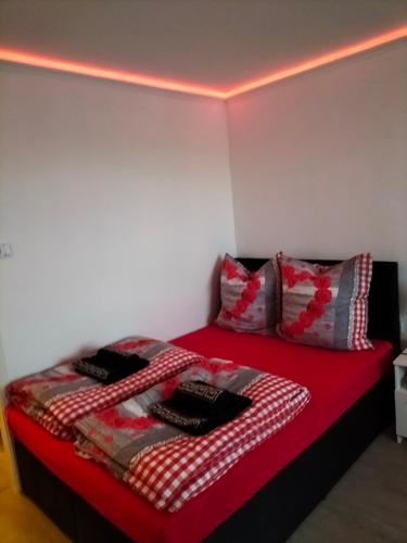 斯圖加特的住宿－Stuttgart Holiday 02，一间卧室配有一张带红色床单和枕头的床。