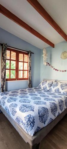 a bedroom with a blue and white bed with a window at Casa Jardín de Hadas con Vista Panorámica in Pisco Elqui