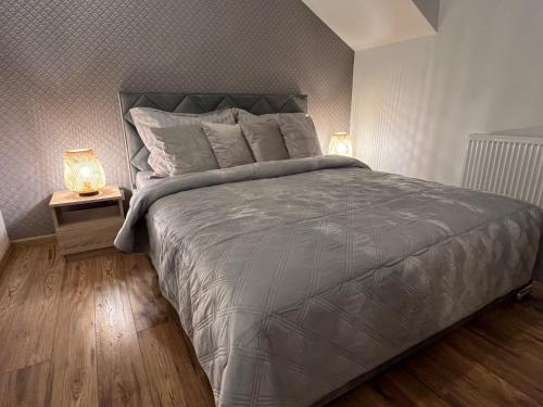 sypialnia z dużym łóżkiem z 2 lampami w obiekcie Apartamenty pod Wieżą - Tatarska w mieście Przemyśl