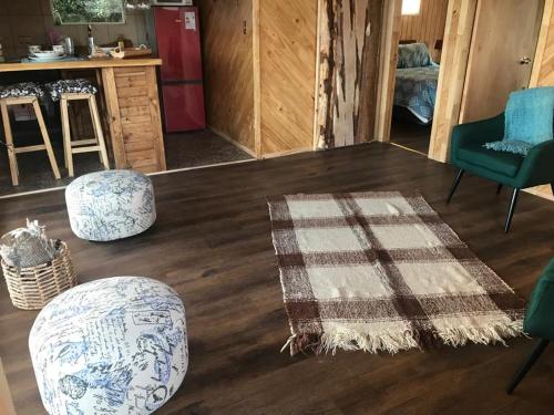 a living room with wooden floors and chairs and a rug at Cabañas Nuestro Sueño in Aucho