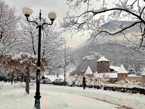 een straatlicht bedekt met sneeuw naast een gebouw bij Verdi 43 in Bolzano