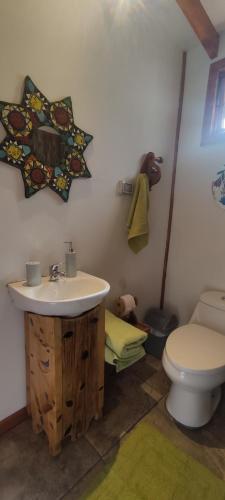 La salle de bains est pourvue d'un lavabo et de toilettes. dans l'établissement Cabaña Hojitas de Laurel con Vista Panorámica, à Pisco Elqui