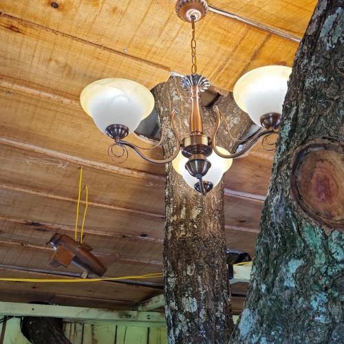 a chandelier hanging from the ceiling of a tree at A casa da arvore no Parana 