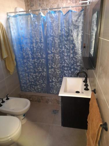 bagno con lavandino e tenda doccia di Departamento para 4 personas en ezeiza a Ezeiza