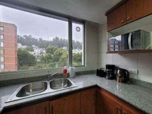 een keuken met een wastafel en een groot raam bij invitin annabella's apartment in Quito