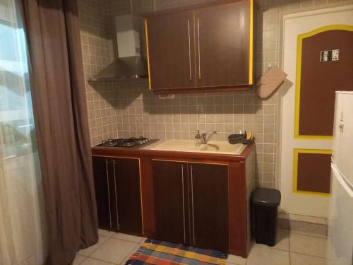 a small kitchen with a sink and a stove at Charmant logement avec spa/petit-déjeuner inclus. in Pointe-Noire