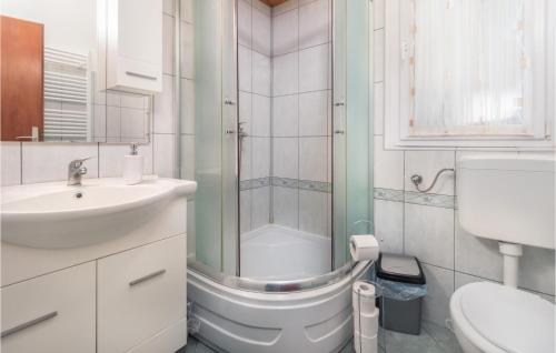 uma casa de banho com um chuveiro, um lavatório e um WC. em 3 Bedroom Cozy Home In Crni Lug em Crni Lug