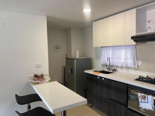 派帕的住宿－RUSTICO 709，厨房配有白色的柜台和冰箱。