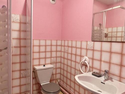 une salle de bains rose avec toilettes et lavabo. dans l'établissement Studio confortable avec literie 140, cuisine équipée, parking à Cambo-les-Bains, sans internet - FR-1-495-120, à Cambo-les-Bains