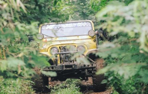 a yellow jeep in the middle of a field at Alinson Sunset Hill in Bogor