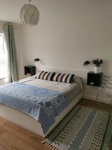 a bedroom with a bed with a blue blanket and a rug at Big Blue in Clonakilty