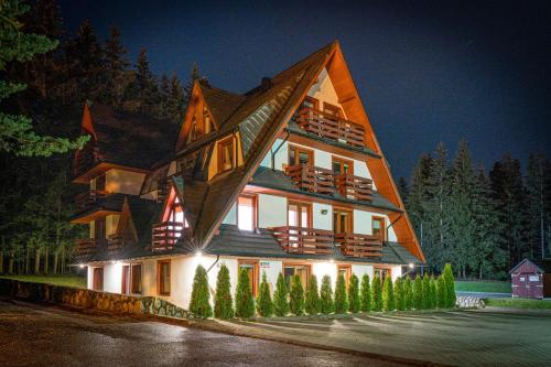 a large house with a pointed roof at night at Apartament Aparteo E7 in Kościelisko
