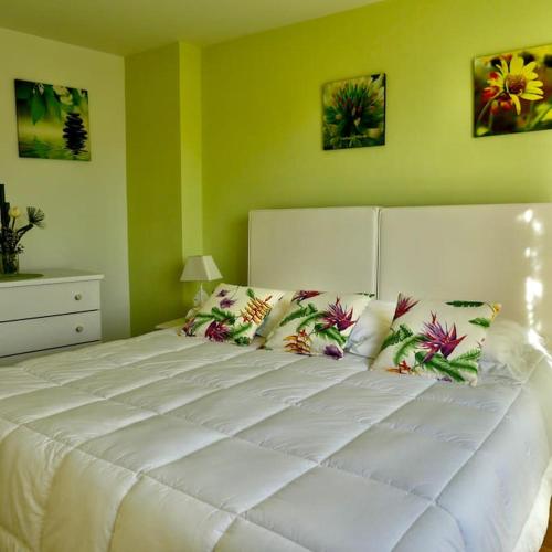 - un grand lit blanc dans une chambre verte dans l'établissement Sarlat Family 6p centre historique clim garage, à Sarlat-la-Canéda