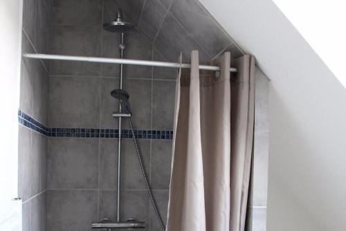 La salle de bains est pourvue d'une douche avec rideau de douche. dans l'établissement Maisonnette au calme, 15 kms Honfleur/Deauville, à Les Authieux-sur-Calonne