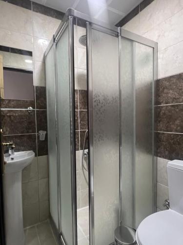 a bathroom with a shower with a toilet and a sink at Ziyagil Konağı in Amasya