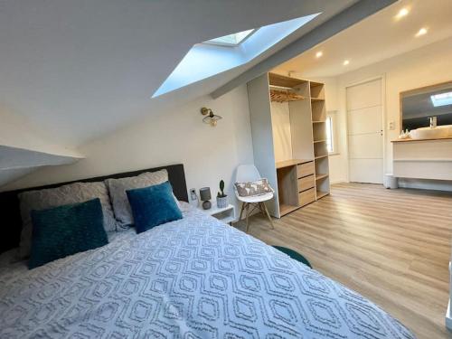 a bedroom with a large bed with blue pillows at APPARTEMENT 1 CHAMBRE AVEC ENTREE INDIVIDUEL in Chalon-sur-Saône