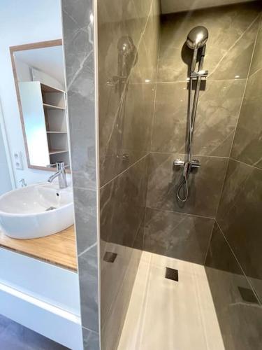 une salle de bain avec douche et lavabo dans l'établissement APPARTEMENT 1 CHAMBRE AVEC ENTREE INDIVIDUEL, à Chalon-sur-Saône