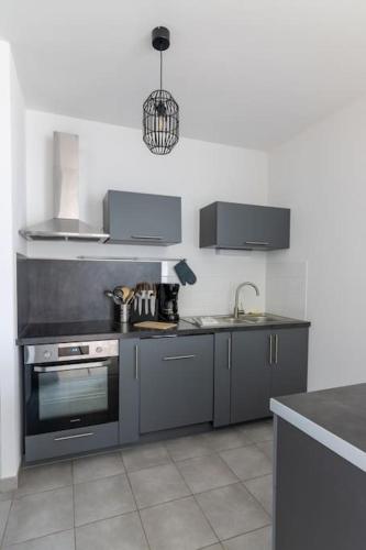 une cuisine équipée d'appareils électroménagers en acier inoxydable dans l'établissement Superbe Appartement, à Saumur