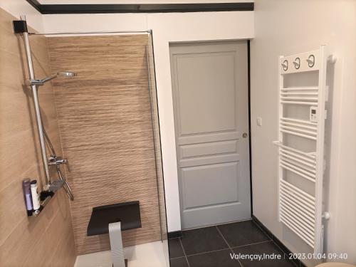 kabinę prysznicową z drzwiami w łazience w obiekcie VILLA ESPERANZA Chambre 2 proche Zoo de Beauval et Châteaux de La Loire w mieście Valençay