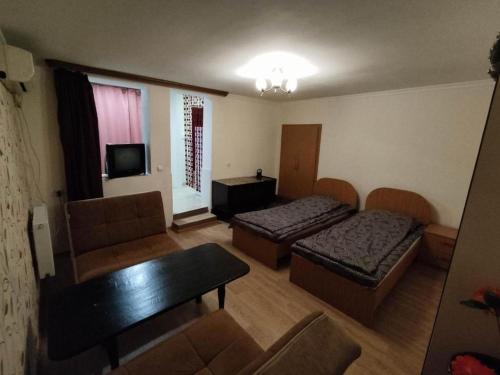 Guest House Natia في تبليسي: غرفة معيشة بها سريرين وأريكة