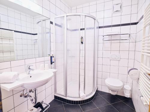 Un baño con ducha, lavabo e inodoro. en Hotel Pinzgauerhof by Alpeffect Hotels, en Zell am See