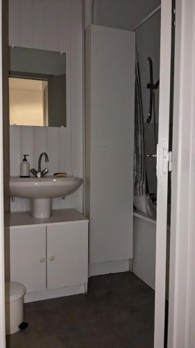 une salle de bain blanche avec un lavabo et un miroir dans l'établissement Les tourelles, à Dieppe
