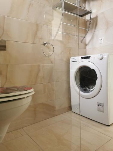a washing machine in a bathroom next to a toilet at Mandre Duplex Apartment in Mandre