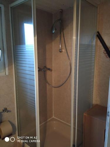 een douche met een glazen deur in de badkamer bij Apartment Gartenblick in Alsdorf
