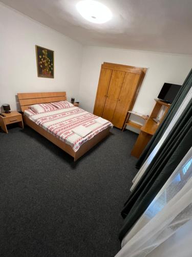 a bedroom with a bed and a tv in it at Pensiunea Casa Maria in Săpînţa