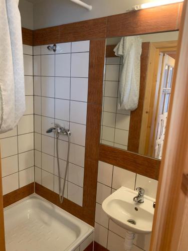 W łazience znajduje się prysznic, umywalka i wanna. w obiekcie DOM na GÓRCE w mieście Stasikówka